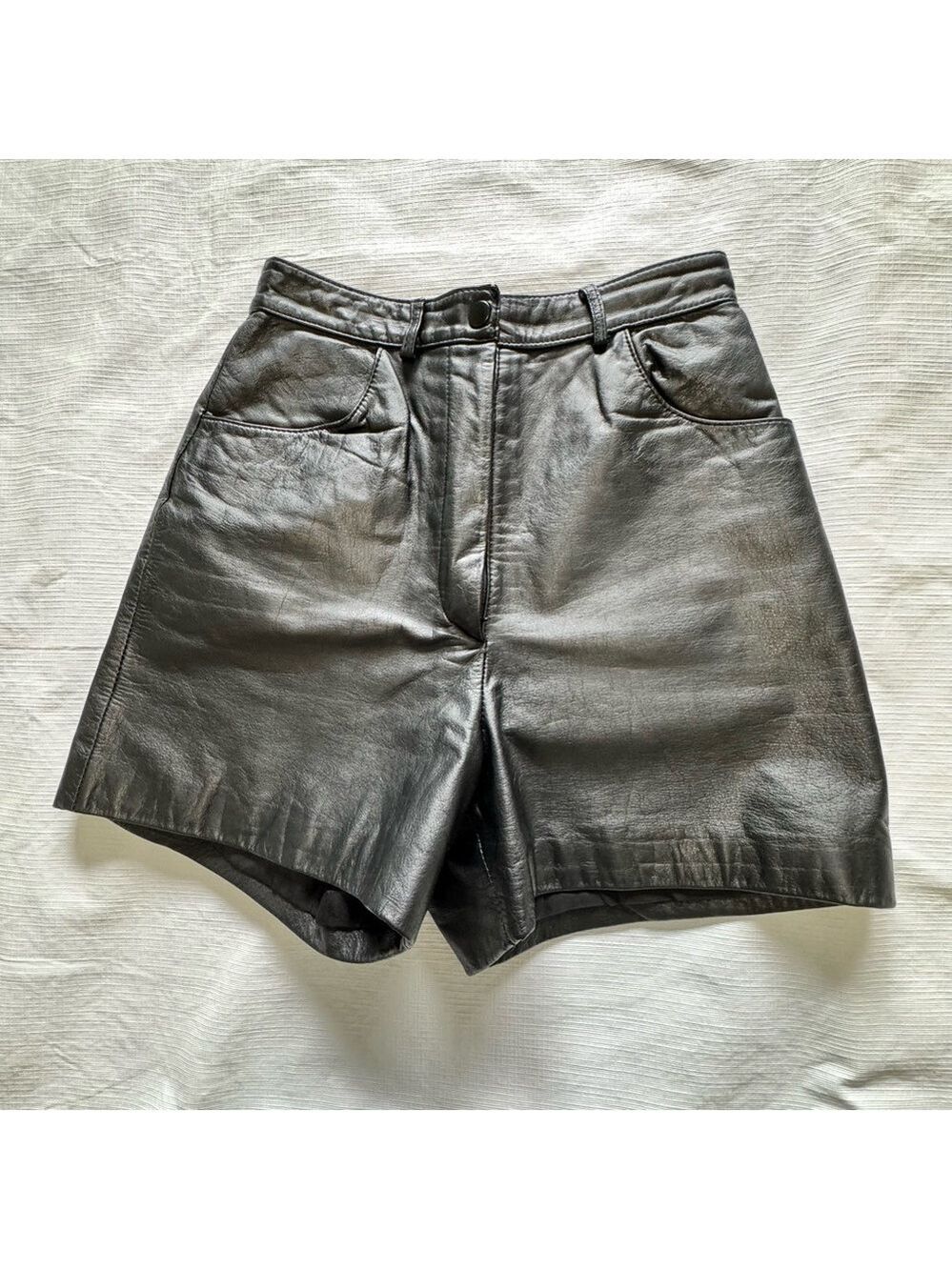 Real Leather Black High Waist Shorts with Sleek Finish